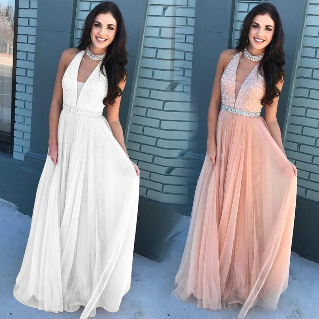 

Women's summer dresses Fashion Sexy Sleeveless Halter V-Neck Bodycon Cocktail Prom Gown Dress Solid large size women's dresses