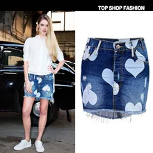 Летняя женская джинсовая юбка с принтом в форме сердца нерегулярные складные Jazz мини юбки Джинсы Короткие Облегающие юбки