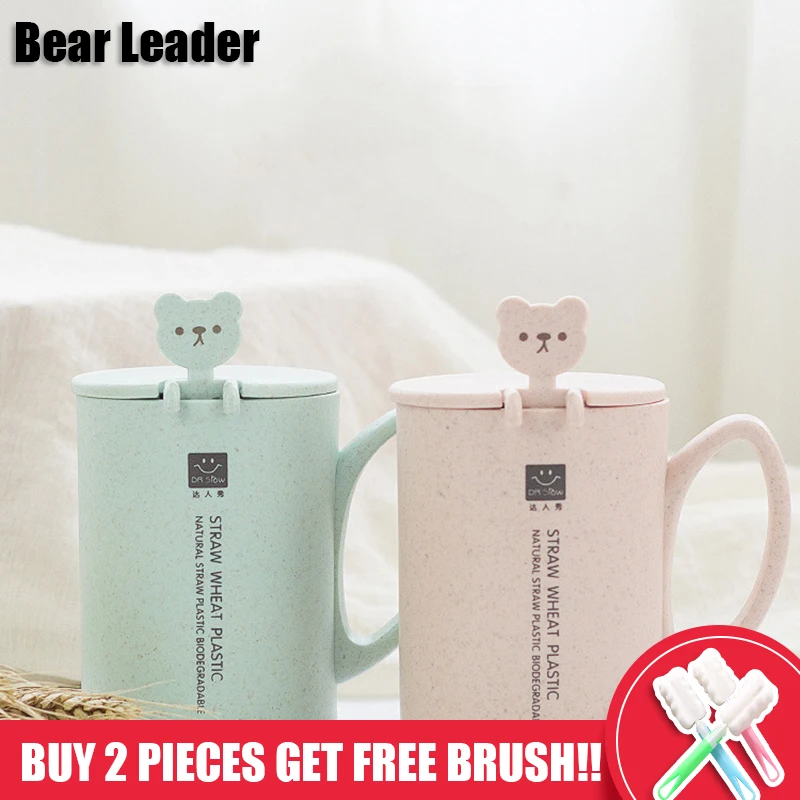 

Bear Leader High Quality Heat Resistant Creative Wheat Straw Mug With Lid Cute Bear Mini MugCouple's Mug With Spoon Water Bottle