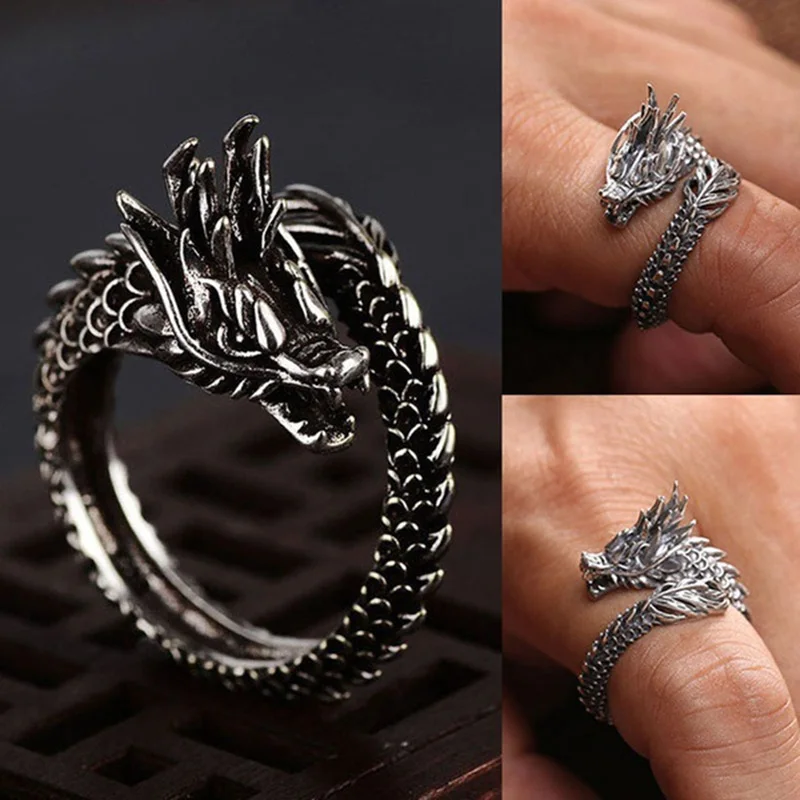 

New Fashion Adjustable Silver Dragon Ring For Men Domineering Personality Jewelry Opening Rings