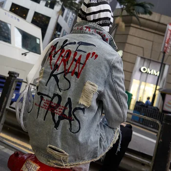 

2019 Tide Brand Spring and Autumn New Men's High Street Wash Water Graffiti Men's Denim Jacket Fashion Denim Coat