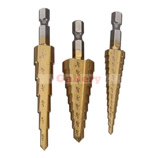 

Power Tool Drill 3 Sets Lot 3pcs Hss Step 1/4 Inch Hex Shank 3/16-1 2 1/8-1 1/4-3 4 Straight Flute Bit 1