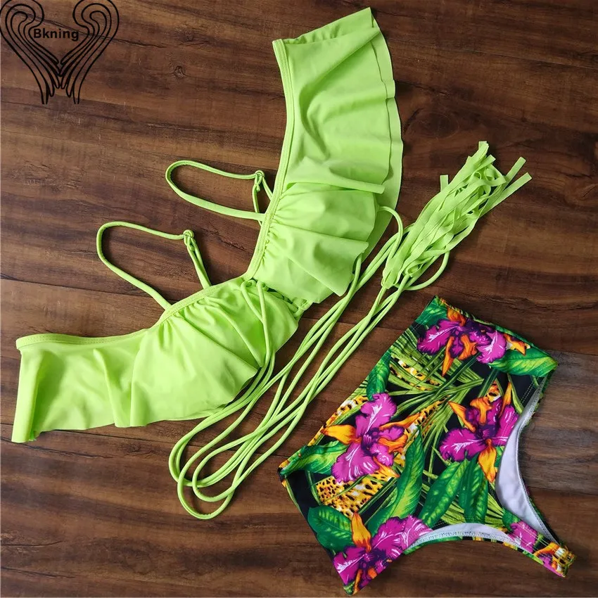 

High Waist Bikini Set Push Up Swimwear 2019 Swimsuit High Waisted Biquini Ruffle Bathing Suit Off The Shoulder Biquini