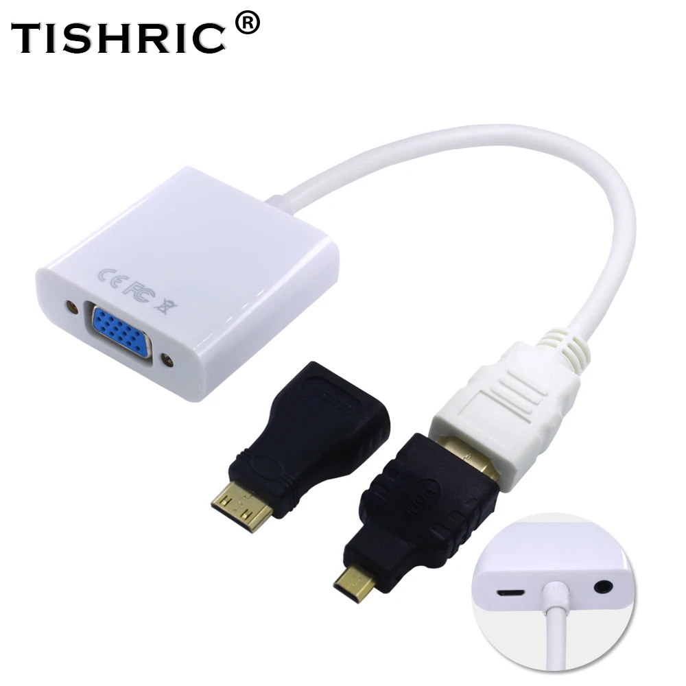 TISHRIC мини палка для селфи+ микро-разъемом HDMI в VGA кабели с аудио Мощность конвертер «Папа-мама» адаптер 1080P для HDMI2VGA адаптера переменного тока