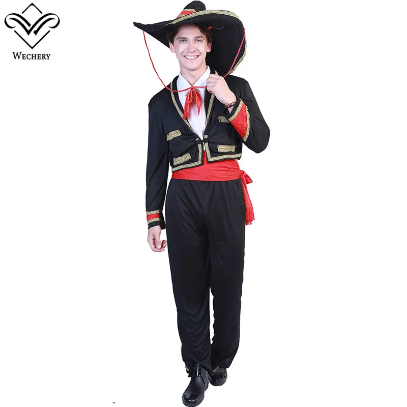 

Wechery Carnival Costume Mens Mexican Cosplay Clothing Tops Pants Hat Full Set Halloween Festival Costumes