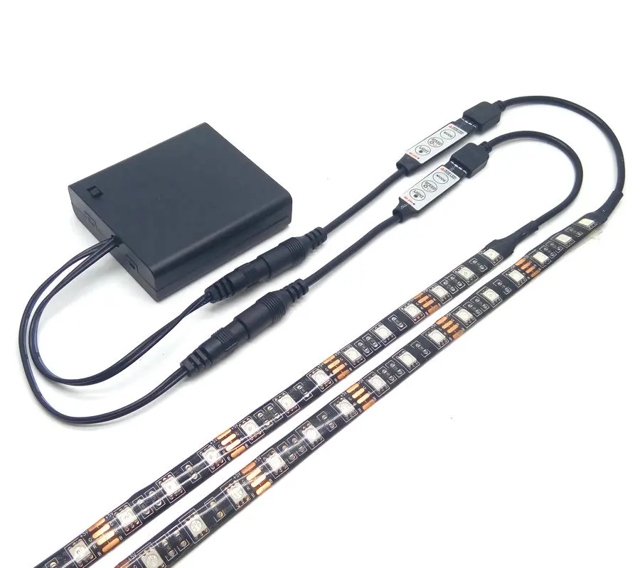 Double Output Battery LED Strip 5050 RGB Black PCB IP20/IP65 Waterproof Lighting 4*AA Operated With 2Pcs Controller | Лампы и
