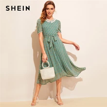 SHEIN модное платье с подсолнухами и кружевной отделкой зеленое винтажное женское летнее платье с коротким пышным рукавом и воротником Питер Пэн