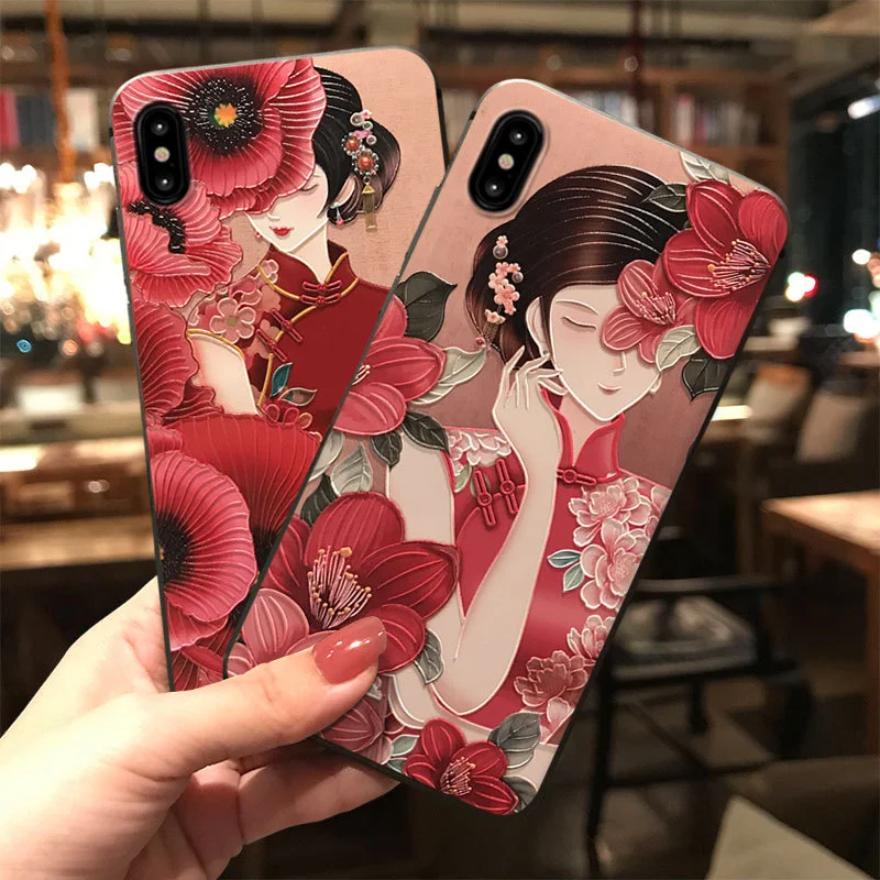 

Cheongsam Girl Waterproof Vintage Phone Case For iPhone 6 6s 7 8 Plus Emboss TPU Soft Back Cover For iPhone XSMax X XS XR Case