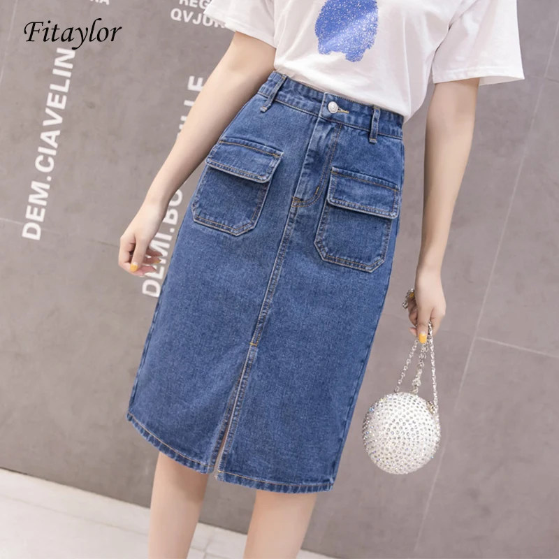 

Fitaylor Women Denim Skirt Autumn Street Pockets Button Denim Pencil Skirt High Waist Split Knee Blue Jeans Skirts