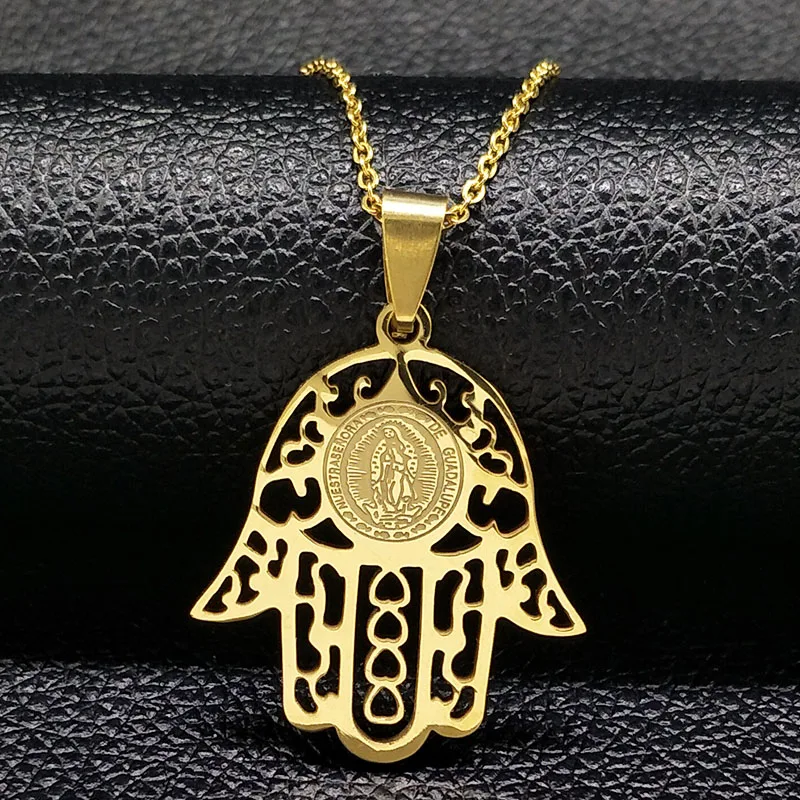 

2019 Hamsa Jesus Stainless Steel Chain Necklaces Men Gold Color Statement Necklace Jewelery For Men masculino feminino N166263B