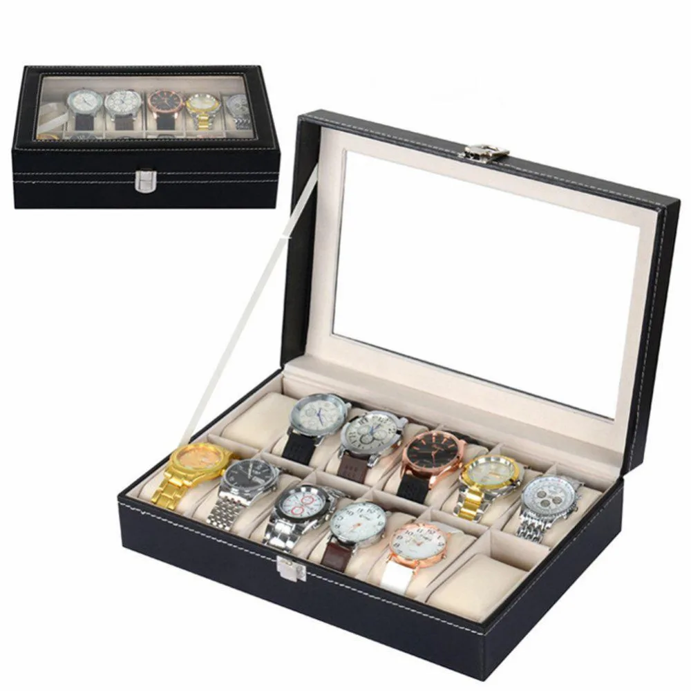 

12 Slots Grid PU Leather Watch Display Box Jewelry Storage Organizer Case