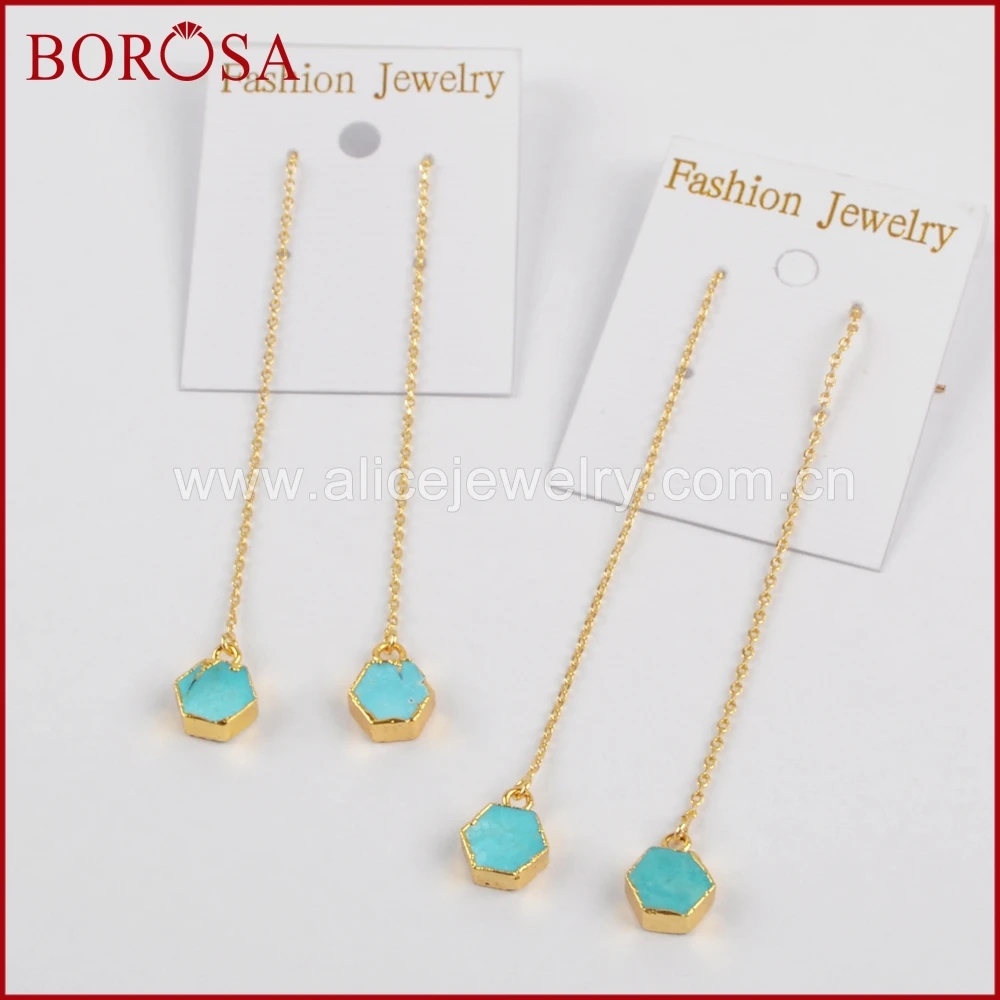 

BOROSA Hexagon Druzy 100% Natural Blue Stone Gold Color Threader Earrings for Women, New Arrival Drusy Dangle Earrings G1348