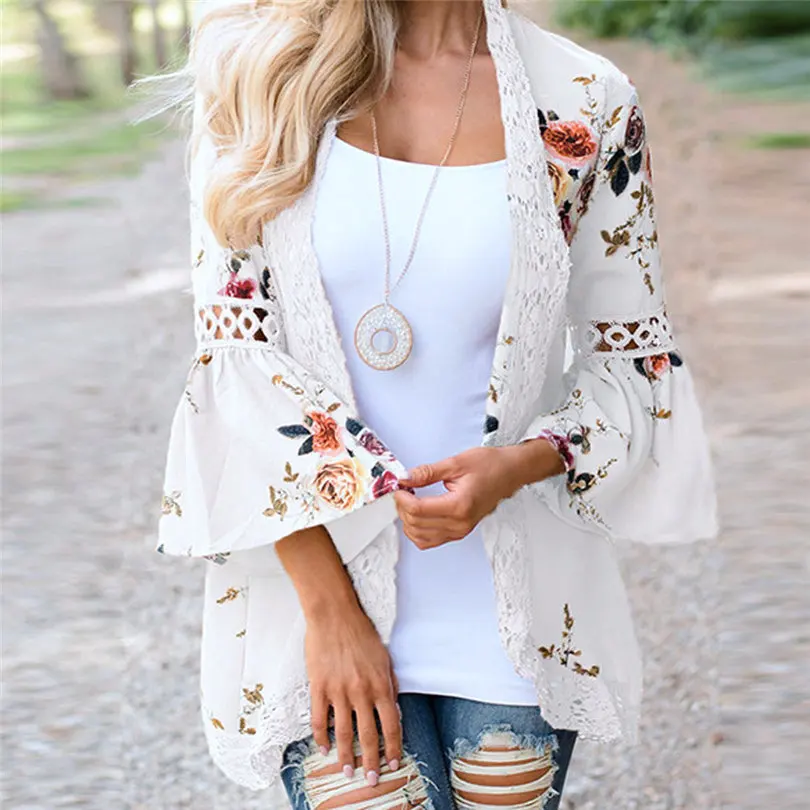 2019 Autumn Spring Women Lace Floral Open Jacket Cape Casual Coat Chiffon Blouse kimono Jacket Cardigan Outwear #E12 (2)