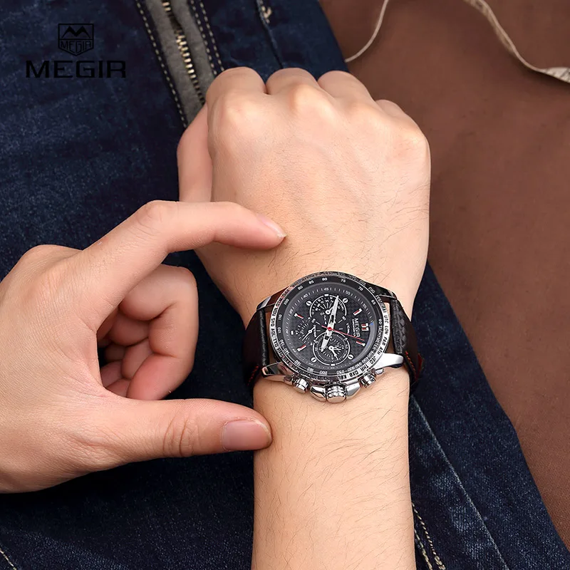 MEGIR Sport Mens Watches Top Brand Luxury Quartz Men Watch Fashion Casual Black PU Strap Clock Men Big Dial Erkek Saat 1010