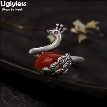 

Uglyless 100% Real 925 Sterling Thai Silver Handmade Peacock Rings for Women Natural Agate Phoenix Finger Ring Open Fine Jewelry