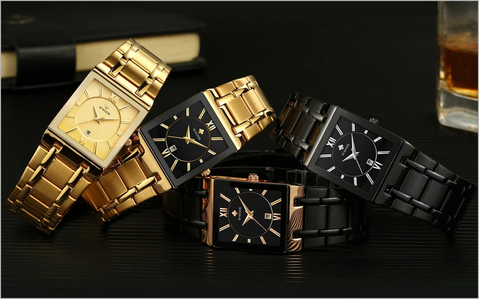 WWOOR Для мужчин s часы от топ бренда, роскошные золотые площади аналоговые кварцевые часы Для Мужчин's золотые наручные часы Водонепроницаемый