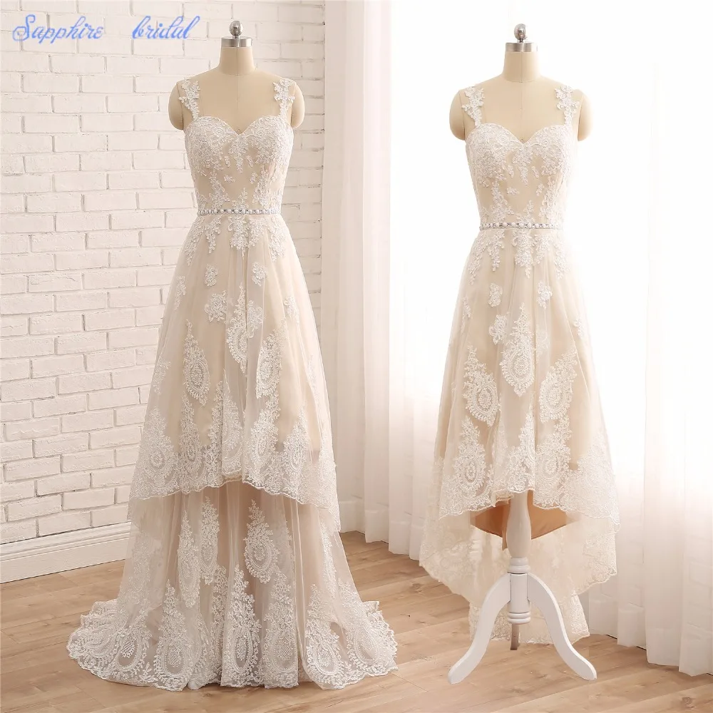 

Sapphire Bridal Vestido De Noiva Champagne Lace Two Pieces Hi-lo Bridal Wedding Gowns 2 in 1 Wedding Dress With Detachable Skirt
