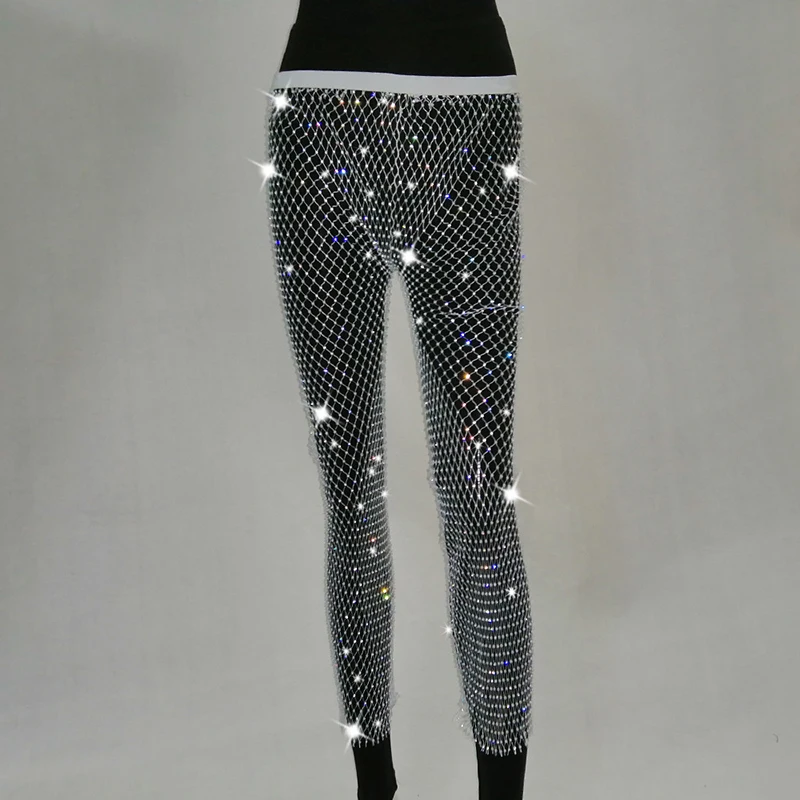 Женские сетчатые Ажурные вязаные Стразы блестящие бриллиантовые брюки прозрачные сексуальные Клубные вечерние узкие брюки