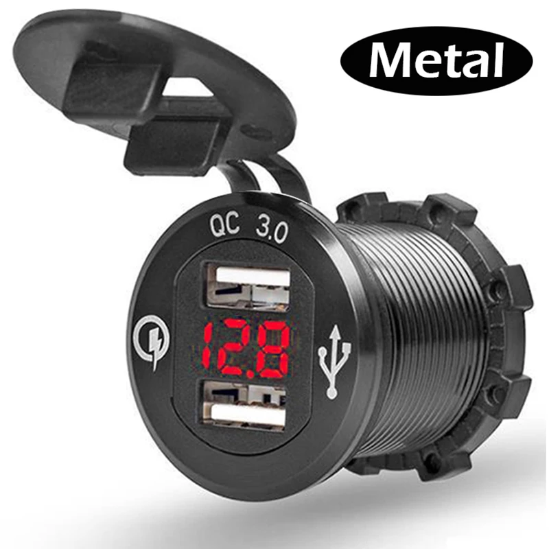 

12V/24V Quick Charger 3.0 QC3.0 Waterproof Dual USB Car Charger Voltmeter 60cm cable 10A FUSE for Car Boat Motorcycle Truck Golf