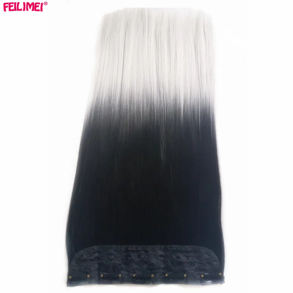 

Feilimei Ombre Gray Straight Synthetic Hair Clip in Hair Extensions 5Clips 24" 60cm 120g Black Silver Color Women's Hairpieces