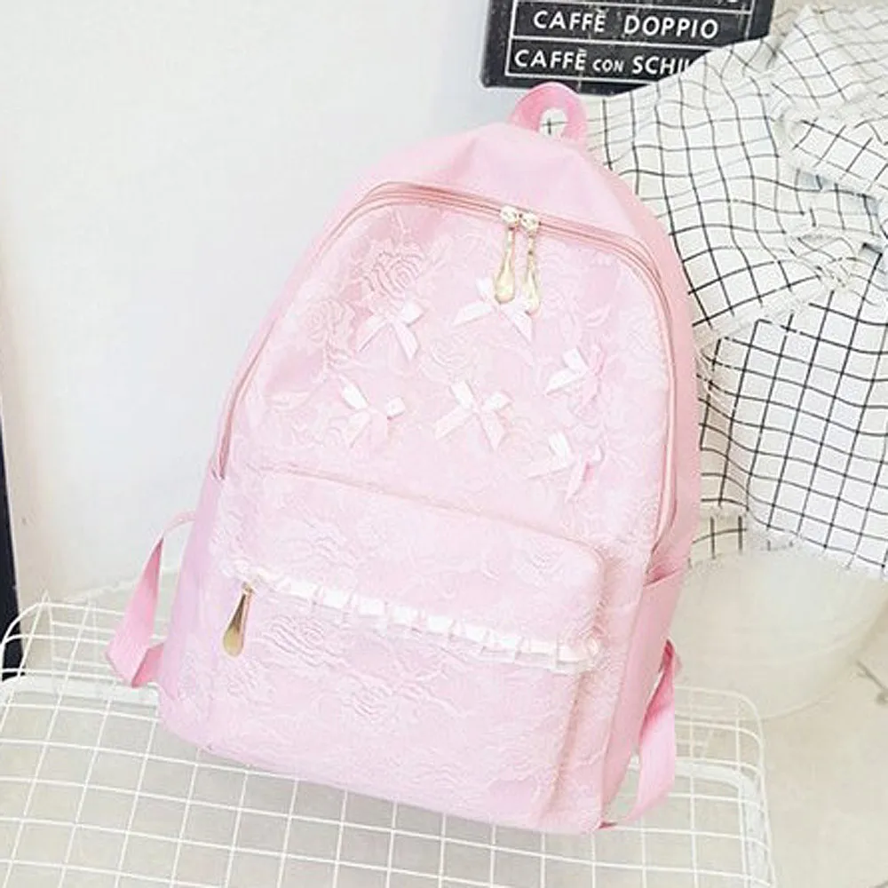 

Women Lace Bowknot Cute Preppy Style School Bag Water Resistant Lightweight Portable Casual Travel Backpack Bag Pink H30516
