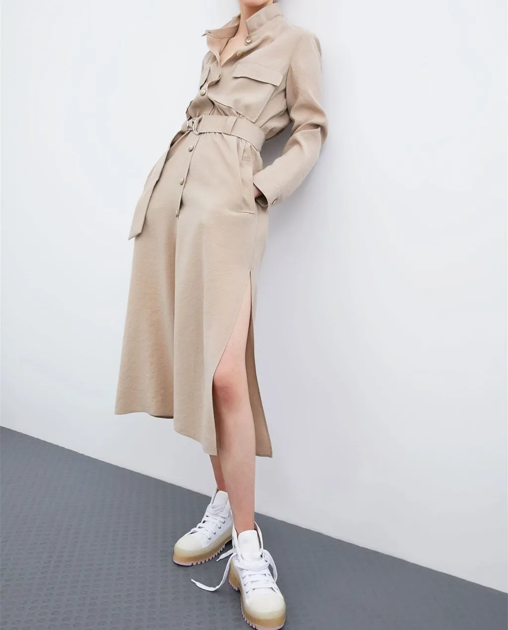 2019 Spring Summer Women Long Sleeve Pocket Casual Trench Turn-Down Collar Long Windbreaker Buttons Belt Solid Coats