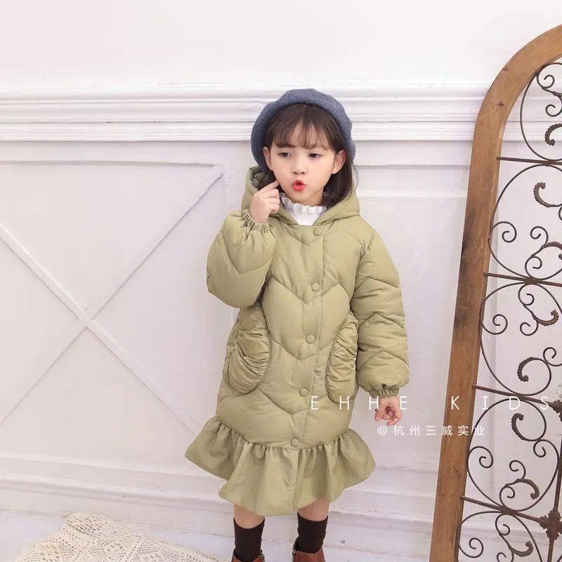 

Girls clothes cotton coat 2018 foreign gas fish tail long cotton jacket children thick hooded warm cotton coat tide