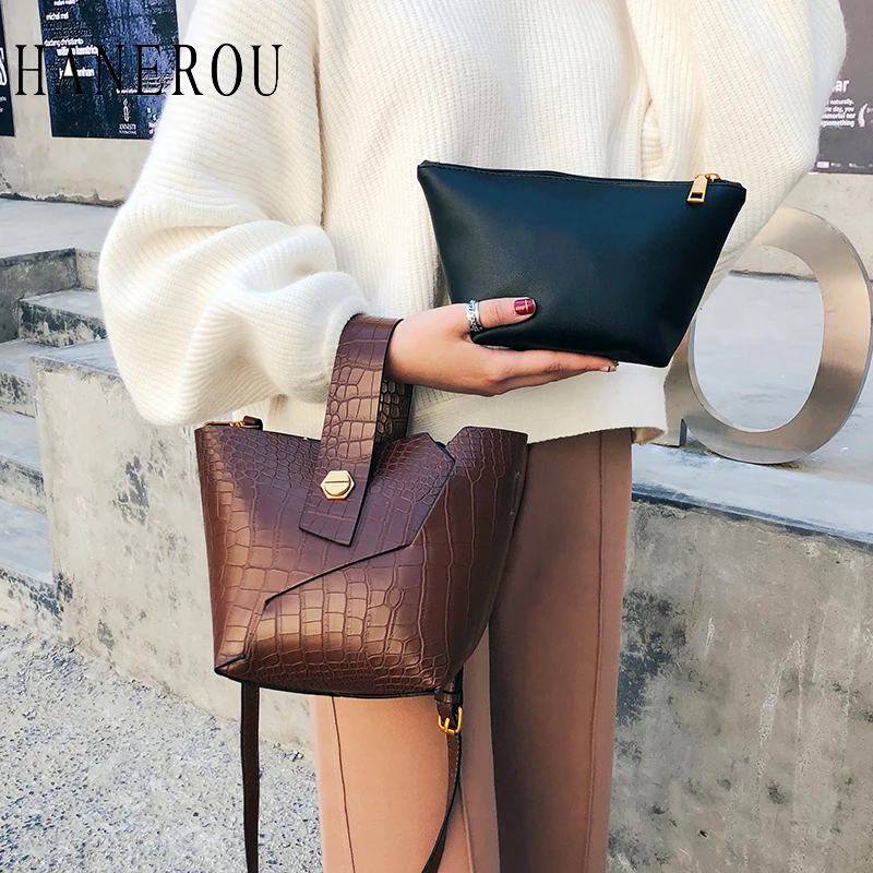 

HANEROU 2 Pcs/set Crocodile Pattern Bucket Bags Female PU Leather Handbags and Purse Bags Ladies 2019 New Fashion Crossbody Bag
