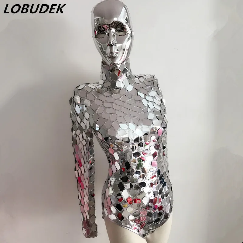 

Silvery Mirrors Bodysuit Female Costume Sparkly Sequins Lens Skinny Jumpsuit Bar Nightclub Machine Dance Outfit Jazz Dance Wears