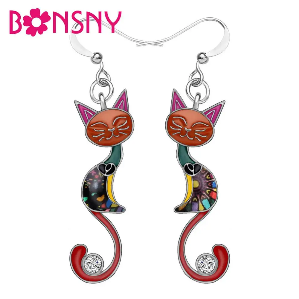 

Bonsny Enamel Alloy Rhinestone Roll Tail Cat Earrings Drop Dangle Fashion Animal Jewelry Women Girls Charms Lots Gift Decoration