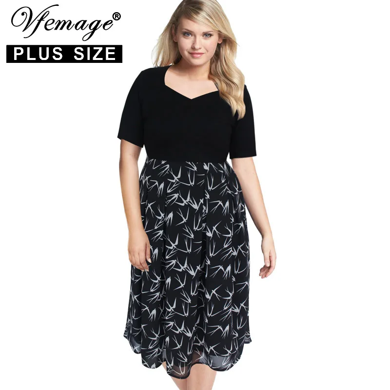 Vfemage (Plus Size) Womens Vintage High Waist Patchwork Work Casual