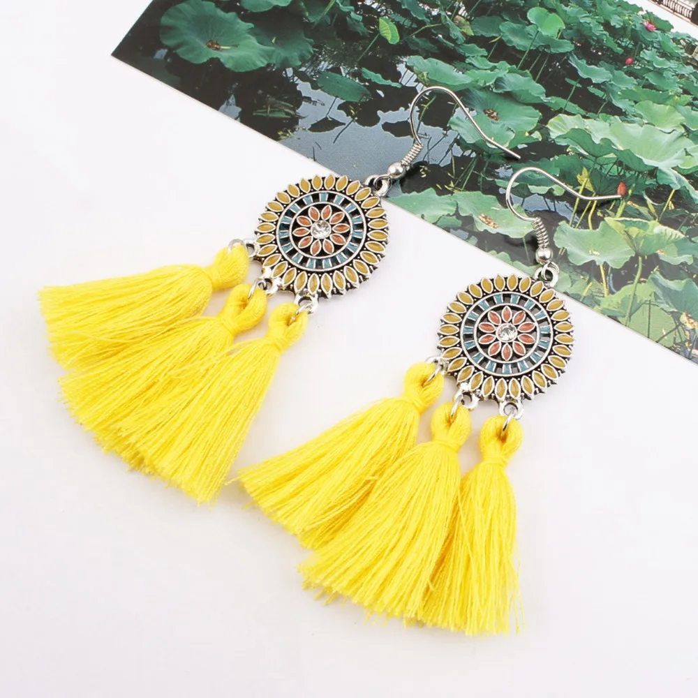 

SexeMara Large Long Yellow Tassel Earrings Women Statement Flower Fringe Earrings Boho Ethnic Party Drop Dangle Earrings Jewelry