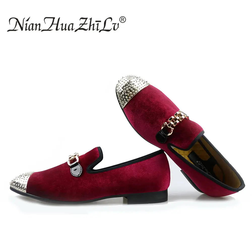 Мужские бархатные туфли ручной работы с золотой цепочкой и пряжкой вечерние