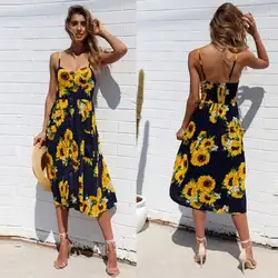 Для женщин Boho Макси без рукавов платье с цветочным рисунком Вечеринка летние пляжные Защита от солнца платье Новый