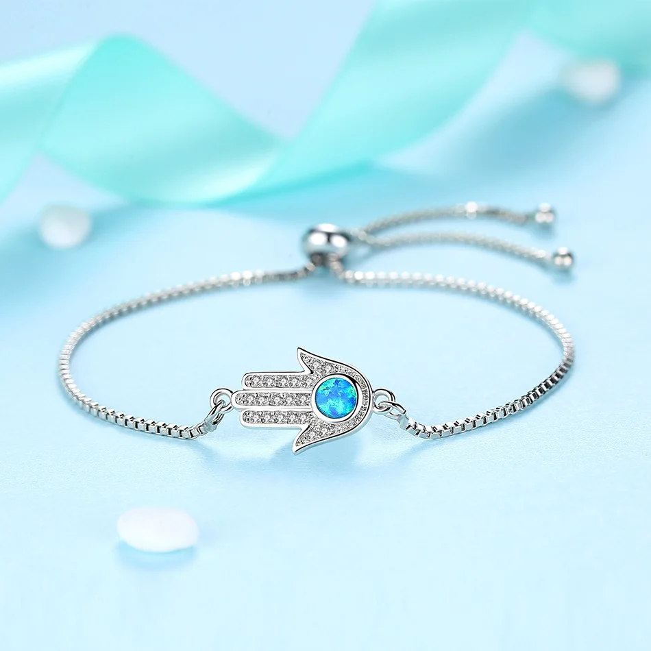 ELESHE Adjustable Trendy Silver Chain Bracelet with CZ Zircon Blue Eye Hamsa Hand Charm Bracelets for Women Wedding Jewelry