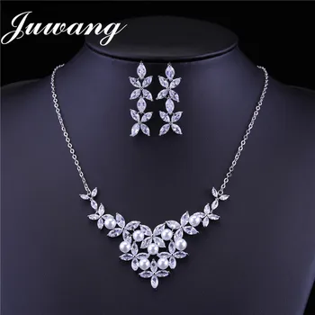 

JUWANG Brand New Clear Cubic Zircon Wedding Jewelry Sets for Woman Imitation Pearl Bridal Earrings Necklace Set Gift