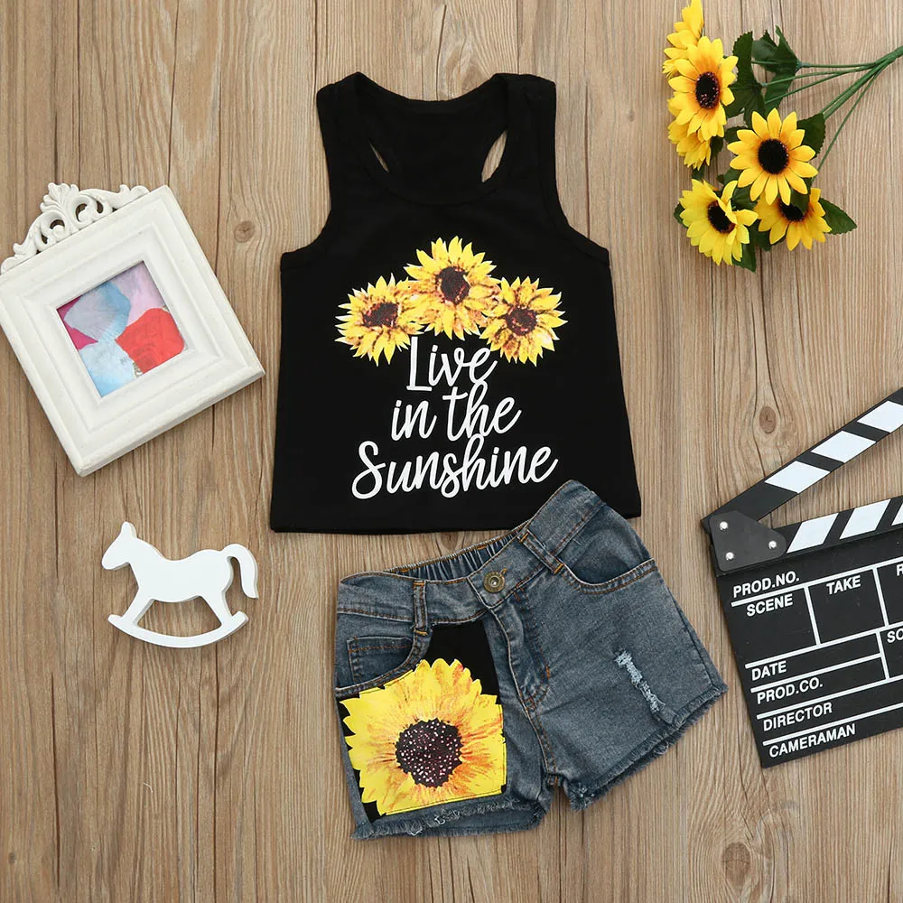 

Toddler Baby Girls Letter Print Sun Flower Vest Tops T-Shirt Floral Denim Shorts Outfit Set Roupas De Menina Kids Clothes
