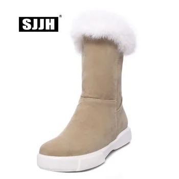 

SJJH Women Flat Mid-Calf Boots with Round Toe Slip-on Fur Flock Plush Snow Boots Winter Fashion Casual Shoes Large Size A1076