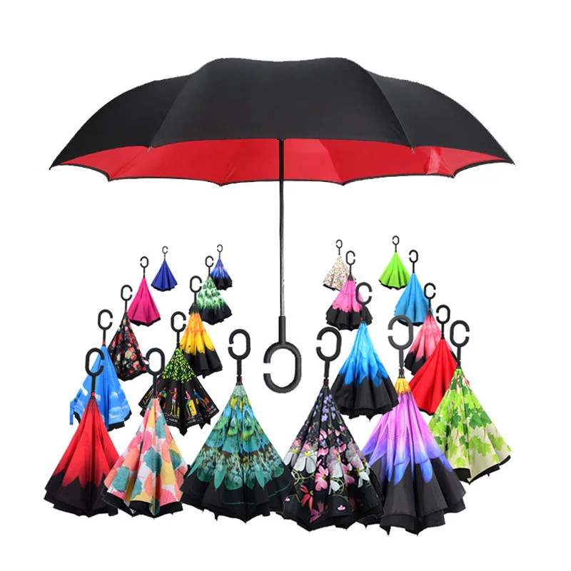 

Women Windproof Reverse Folding Double Layer Inverted Chuva Umbrella Self Stand Inside Out Rain Protection C-Hook Hands For Car