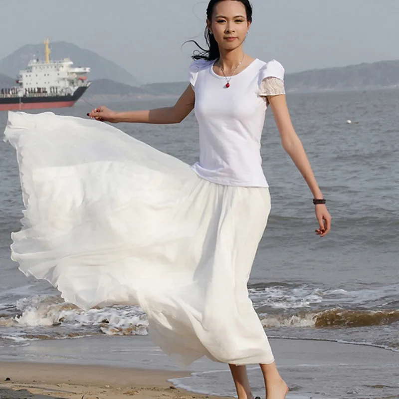 Модная женская шифоновая длинная юбка Бохо пляжный Повседневный Сарафан однотонная кружевная юбка