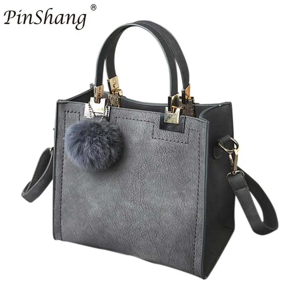 

PinShang Women High Grade Solid Color Embossed Handbag Short Bag with Cute Wool Ball High Quality Designer Luxury ZK30
