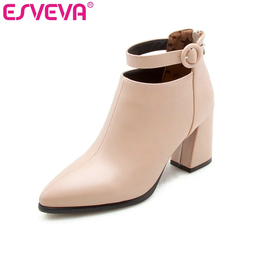 

ESVEVA 2020 Women Boots PU Leather Autumn Shoes Ankle Boots Pointed Toe Square High Heels Elegant Woman Shoes Size 34-43