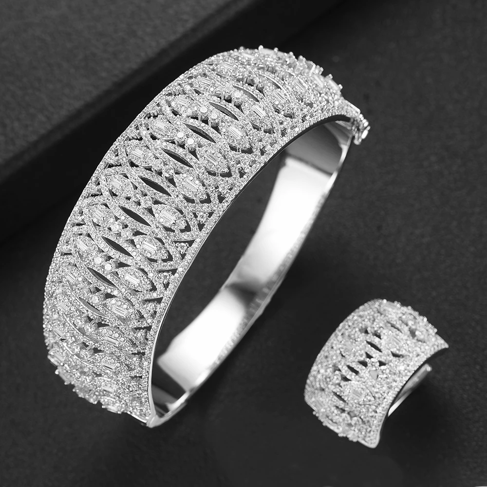 GODK 2PCS Bracelets/Ring Luxury Cubic Zirconia Open Bangle Resizable Rings Trendy Girls Women Patry Wedding Jewelry Sets