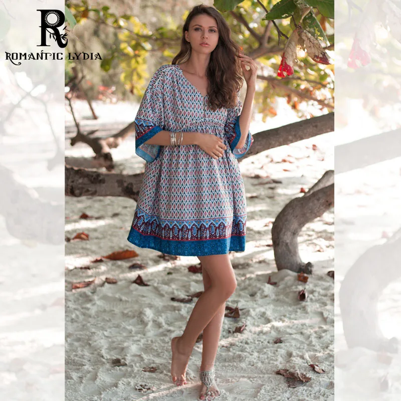 

Women Short Party Dress Summer Loose Deep V Neck Floral Vintage Dress Plus Size