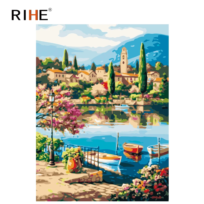 

RIHE Lakeside Town Diy Painting By Numbers Boat Oil Painting On Canvas Hand Painted Cuadros Decoracion Acrylic Paint Home Decor