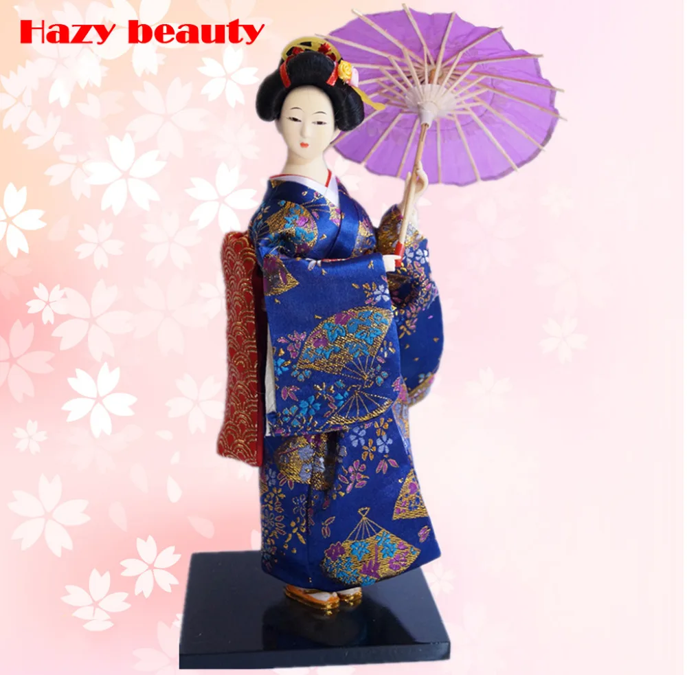 30cm Japanese geisha Dolls Raw Silk resin statuette kimono doll