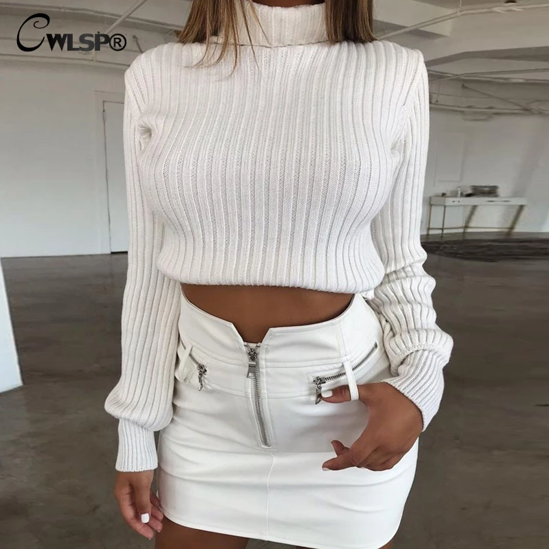 

CWLSP 2018 Autumn Ribbed Sweater For Women Turtleneck Lantern Sleeve Crop Tops Female Pullover 3 Color Slim Lady's Coat QZ3091