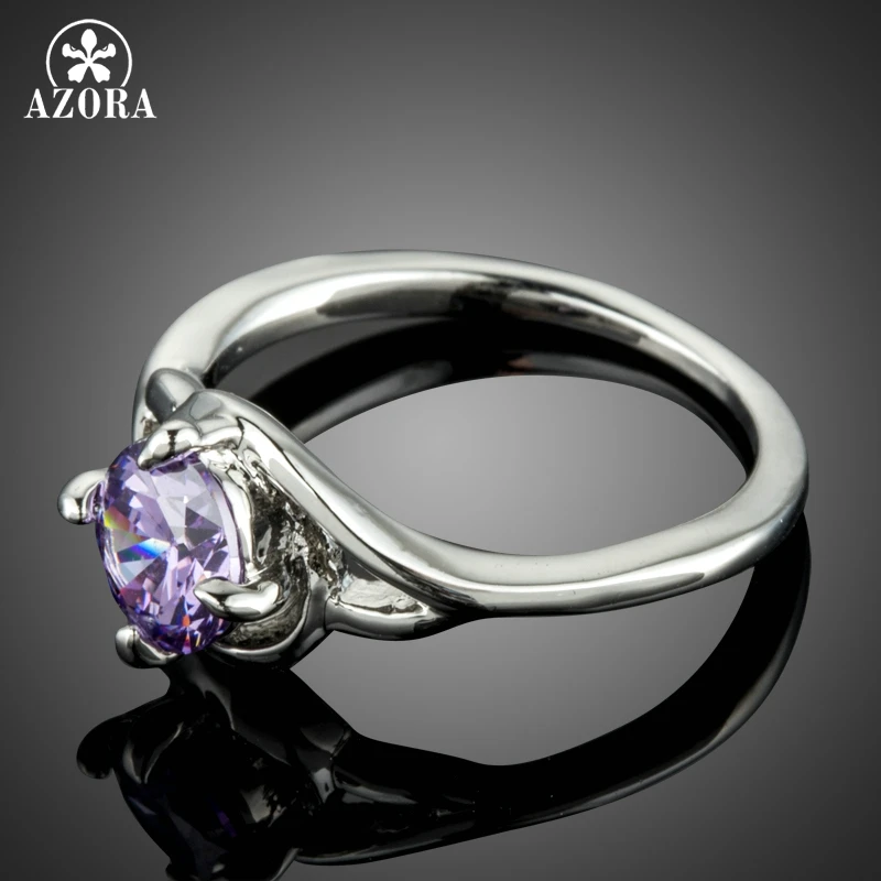 AZORA Brand Luxury White Gold Color Finger Rings For Women Purple Zirconia Engagement Charming Ring Fashion Jewelry Gifts TR0214