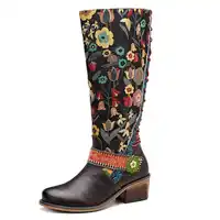 Johnature Vintage 2019 New Genuine Leather Knee High Boots for Women Lace-up Autumn Ladies Shoes Woman Flower Booties