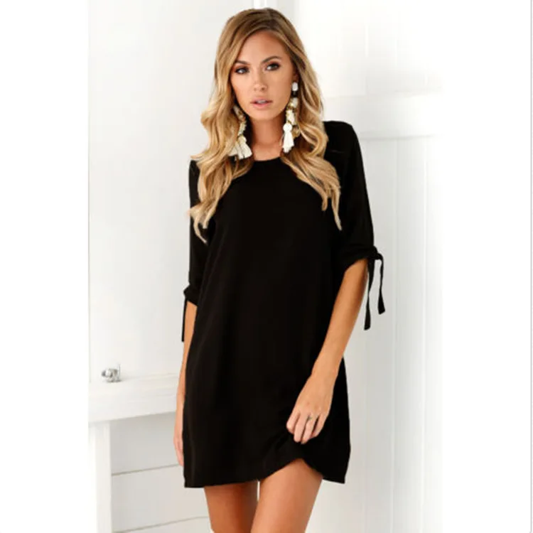 COZARII летнее платье женское повседневное свободное платье с коротким рукавом и круглым вырезом однотонное пляжное платье размера плюс Vestidos - Цвет: black